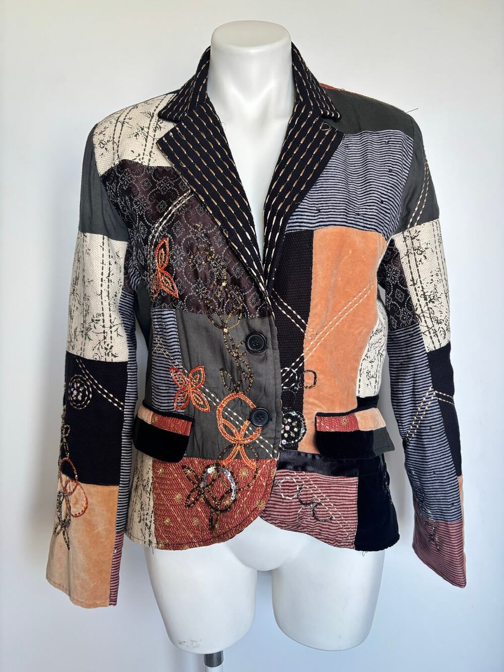Indigo Moon Patchwork Blazer Lagenlook Boho Artsy Velvet Sequin Whimsigoth M